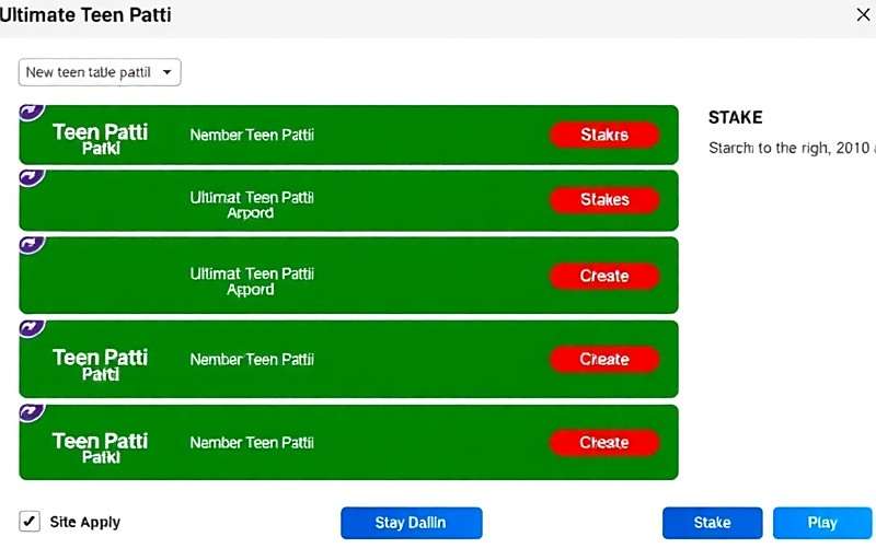 Ultimate Teen Patti Table Options Ultimate Teen Patti table selection showing various stake options