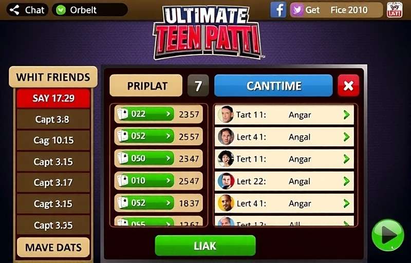 Ultimate Teen Patti Community Features Ultimate Teen Patti community features showing friend lists and chat